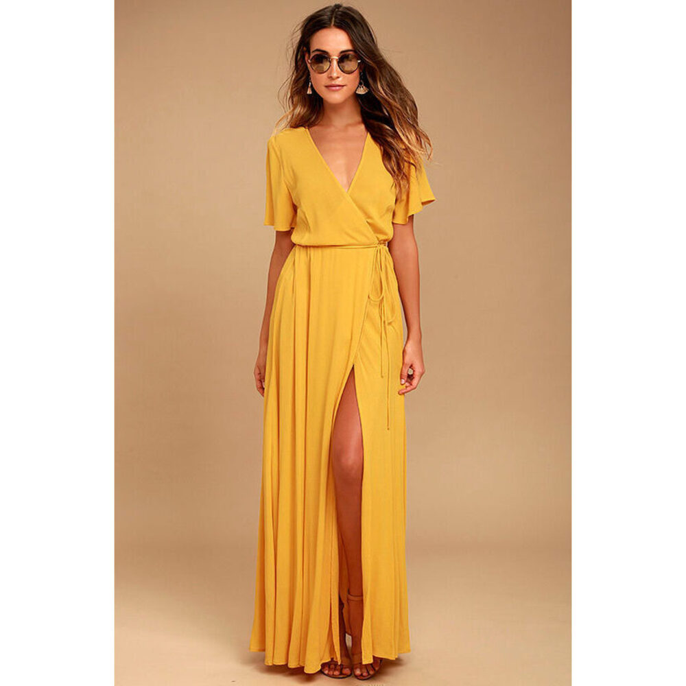 Lulus Much Obliged Golden Yellow Wrap Maxi Dress - Size Medium